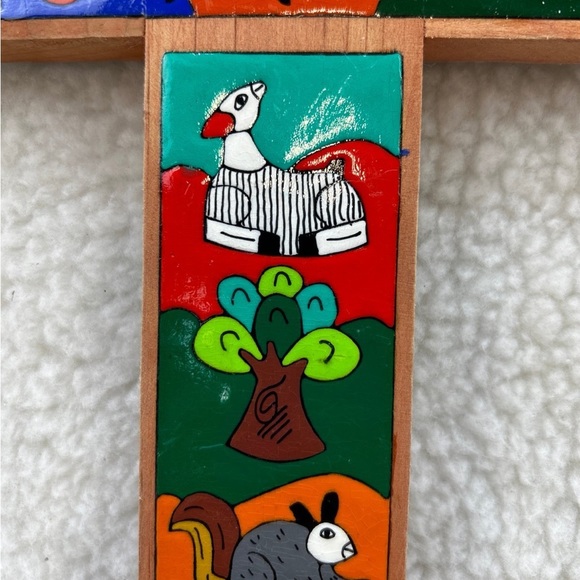 Wooden Cross with whimsical colorful animals tree butterfly sun 10" - Picture 5 of 12